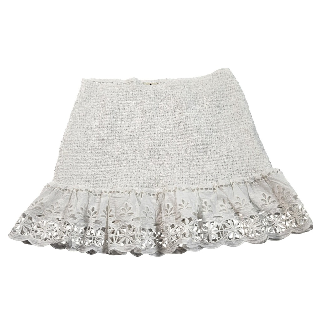 Farm Rio Skirt Womens XL White Smocked Lace Ruffle Hem Lined Stretch Mini Boho
